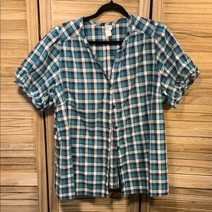 Cj Banks Blue Green and White Plaid Button-Up Shirt Plus Size 1X